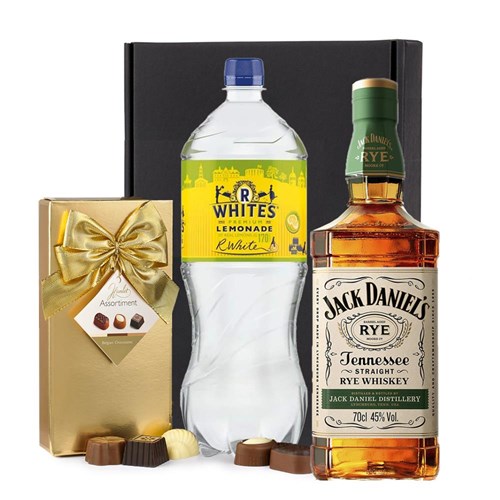 Jack Daniels Tennessee Rye Whiskey 70cl with R. White’s Lemonade & Chocolates Gift Box | Spirit Mixer Set